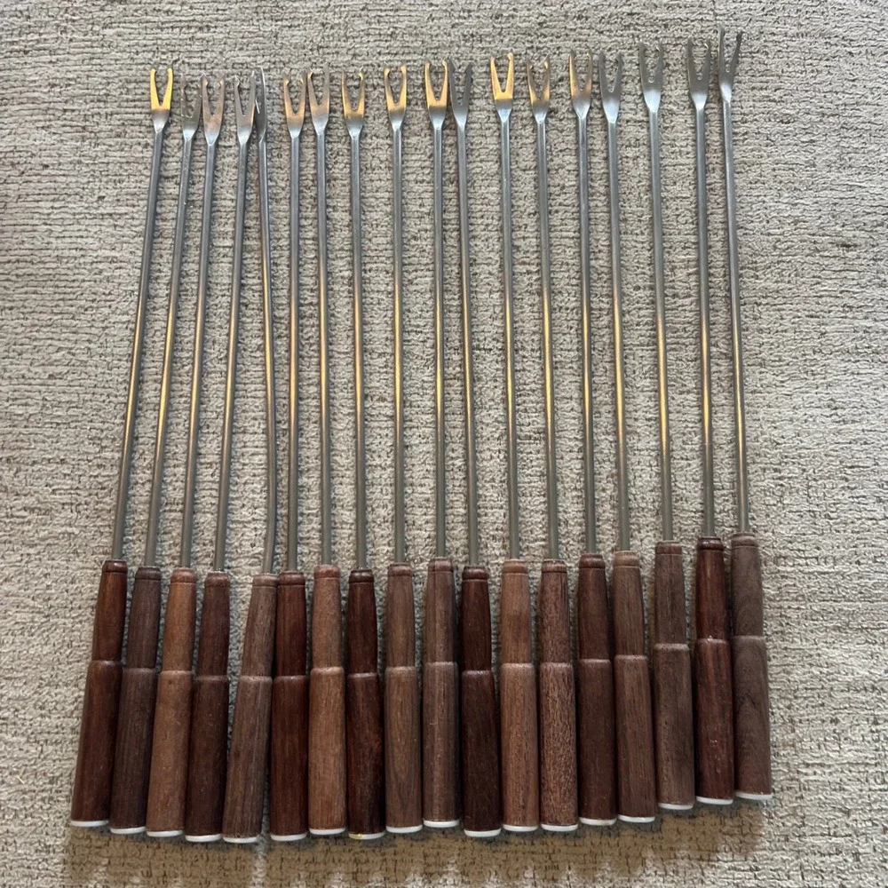 Vintage MCM Stainless Steel Fondue Set Wood Handles 18 Numbered‎ Forks Retro 70s